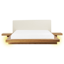 Bed with LED Faux Leather ZEN 160 x 200 cm (EU King Size) Natural Ash Wood