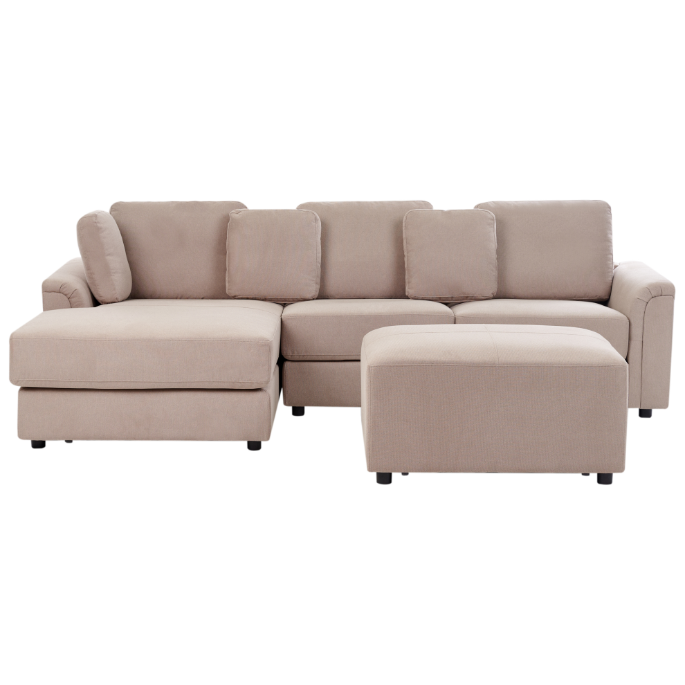Beliani Corner Sofa 4 Seater Kohlo Fabric Taupe With Ottoman Right Hand