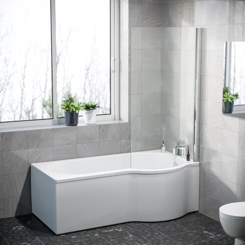 NES Home Nes Home P Shaped RH 1600mm Curved Shower Bath Acrylic Front Panel & Screen
