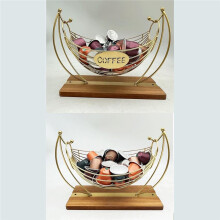 Coffee Holder with Wooden Base, Iron Hammock Coffee Capsule Storage Basket, 18 Pods Capacity - Stable Weighted Base