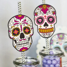 24 Pajitas de Papel de Halloween para Fiestas del Día de Muertos, Pajitas Rayadas con Diseño de Calaveras de Azúcar para Bebidas.