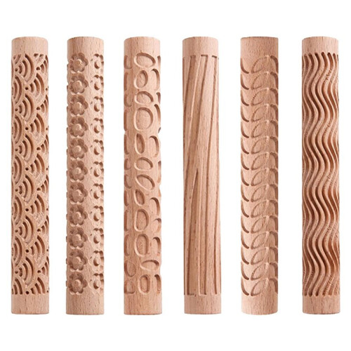 12Pcs Clay Modeling Pattern Rollers, Texture Rollers for Clay Wooden Handle Pottery Tools Stars Wood Wave 2