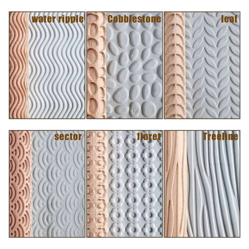 12Pcs Clay Modeling Pattern Rollers, Texture Rollers for Clay Wooden Handle Pottery Tools Stars Wood Wave 2