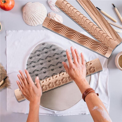 12Pcs Clay Modeling Pattern Rollers, Texture Rollers for Clay Wooden Handle Pottery Tools Stars Wood Wave