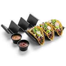 Soporte para Tacos con Tazas para Salsa (Juego de 2) - Acero Inoxidable Negro para 3 Tacos