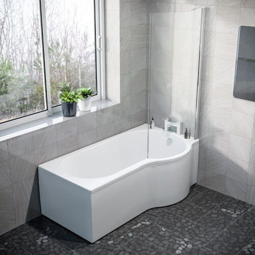NES Home Nes Home P Shaped RH 1600mm Curved Shower Bath Acrylic Front Panel & Screen 1