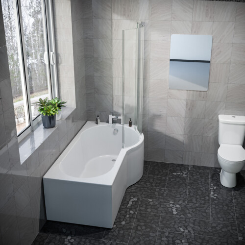 NES Home Nes Home P Shaped RH 1600mm Curved Shower Bath Acrylic Front Panel & Screen 2