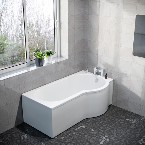 NES Home Nes Home P Shaped Right Hand 1600mm Curved Shower Bath Acrylic & Front Panel 1