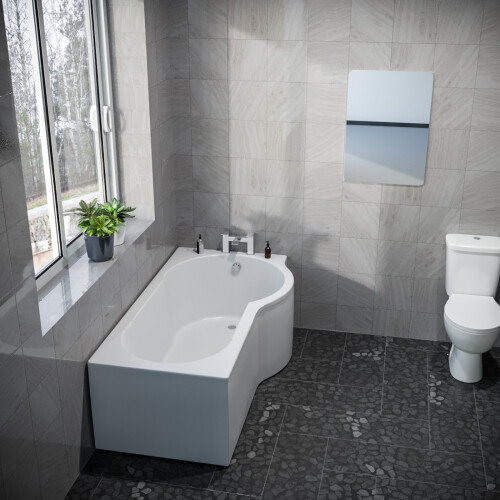 NES Home Nes Home P Shaped Right Hand 1600mm Curved Shower Bath Acrylic & Front Panel 2