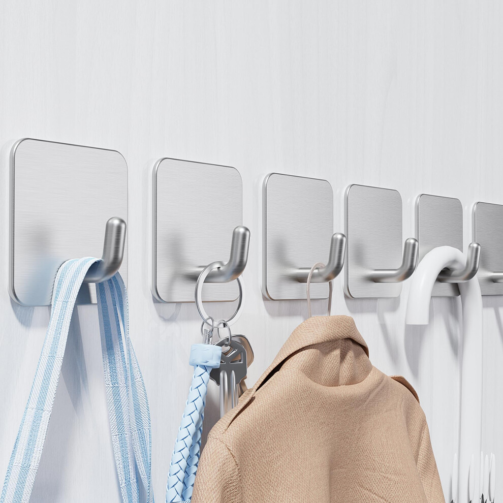 Aikzik 6 Pack Self Adhesive Hooks, Stainless Steel Sticky Hook Heavy Duty, Over 8Kg Load - Hooks For Hanging For Towel, Coat, Key, Stick On Bathroom, 5002231724040
