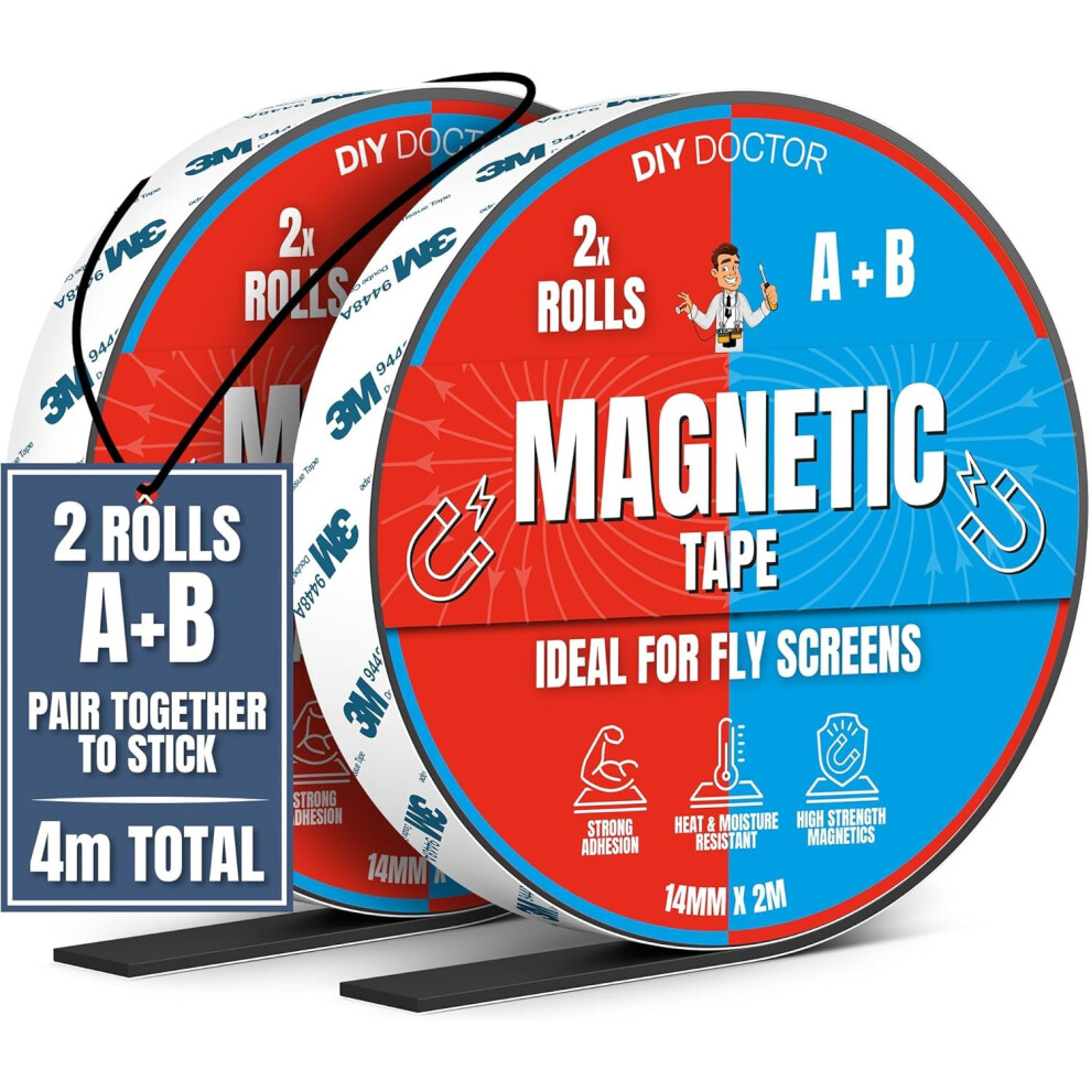 Diy Doctor A+B Magnetic Tape - Magnetic Strips Self Adhesive - 1 Pack - 2M + 2M A And B Polarity - Cut To Fit Magnetic Strip - Self Adhesive Magnets 5001055125903