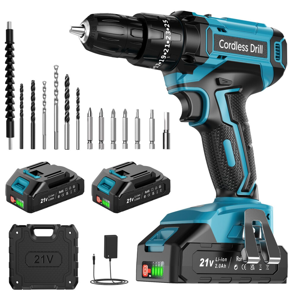 Cordless Drill Set 21V, Cordless Hammer Drill With 2 Batteries 2000Mah, 25+3 Torque, 42N.m Max Electricdrill, 14 Pcs Drillbits, 2 Speed, Led Light Fo 5006569906406
