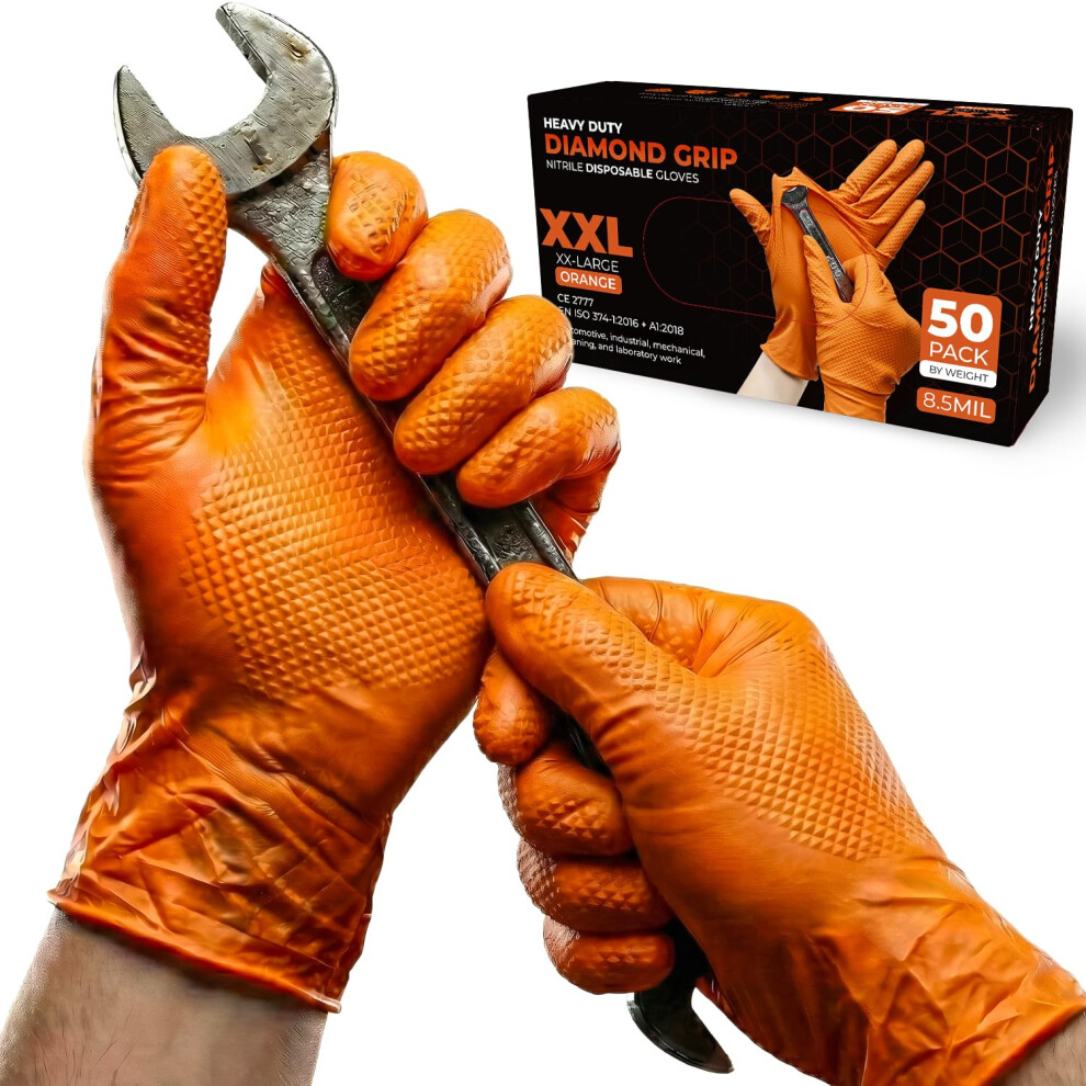 Praima Mechanic Gloves, Diamond Grip Orange Nitrile Disposable Gloves | Powder-Free, Latex-Free, Extra Thick & Strong Rubber Gloves For Work, Automot 5005262374734