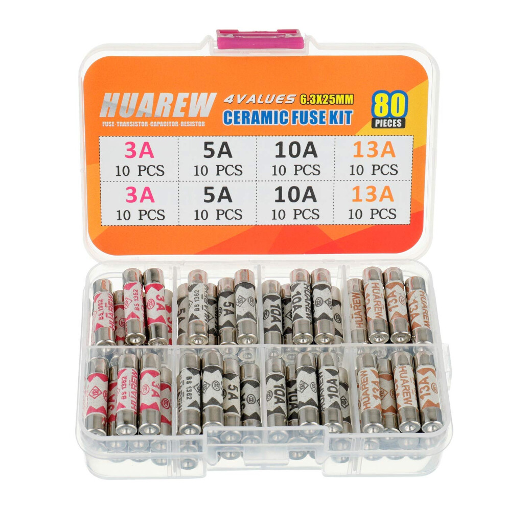 Huarew 4 Values 80 Pcs 6.3X25 Mm Bs1362 3 5 10 13 A Amp 240 V Volt 0.248X0.984 Inch Ceramic Tube Fuses Assortment Kit 5006864169216