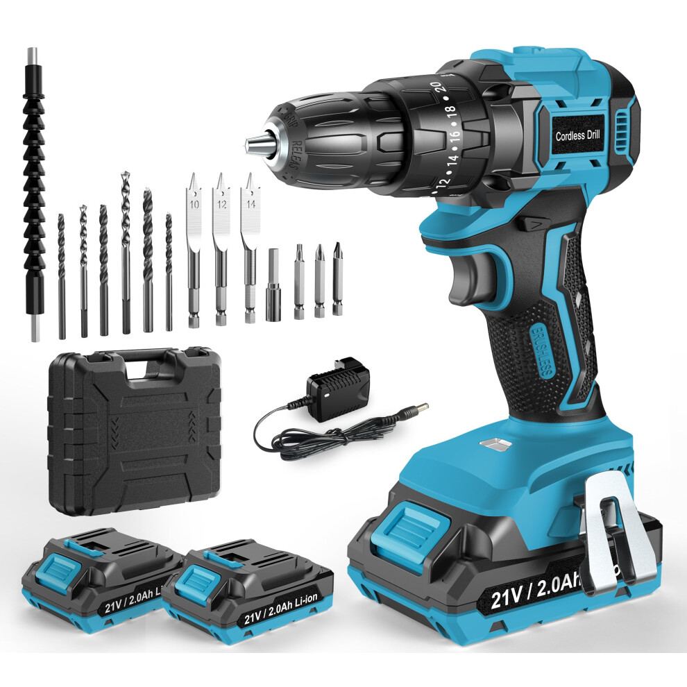 Leeikoo Cordless Drill Driver 21V, Brushless Cordless Hammer Drill With 2 Batteries 2000Mah, 20+3 Torque, 45N.m Max Combi Drills, Led Light, 2 Speed, 5002866927267