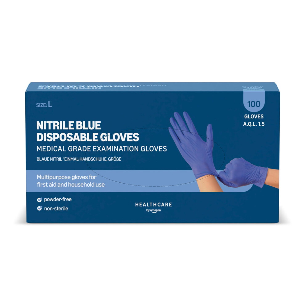 Photos - Safety Equipment by Amazon Blue Disposable Nitrile Gloves, Powder-free, Size L, Pack of 100