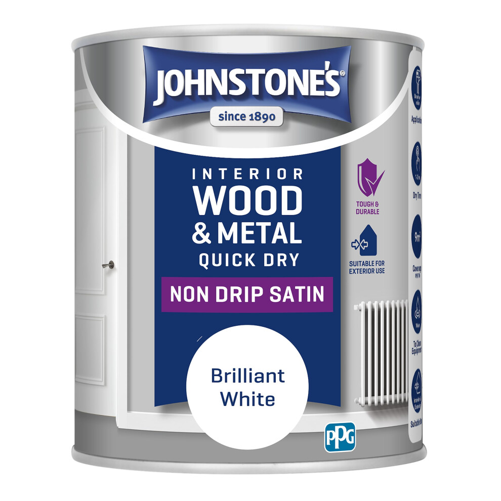 Johnstone's - Wood & Metal Paint - Satin Finish - Brilliant - 750Ml - Water Based - Non Drip & Quick Drying - Radiator Paint - Low Odour - Dry White