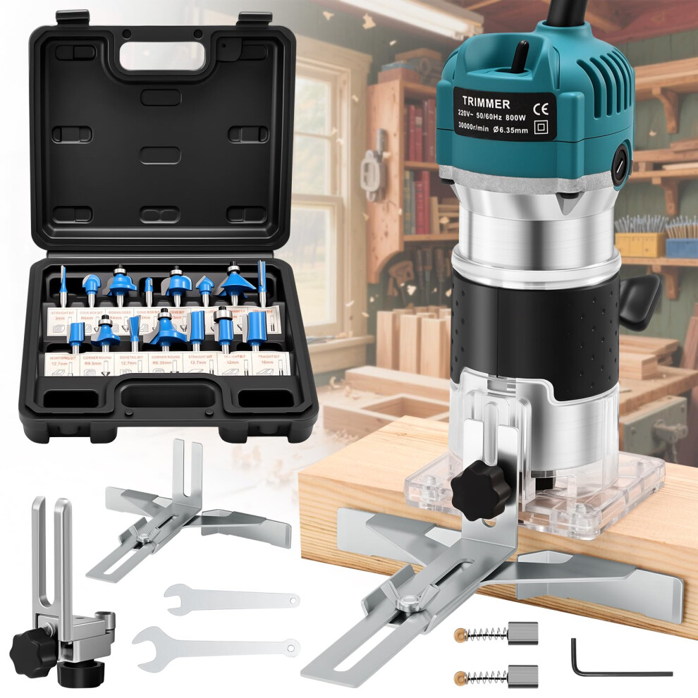 Singtip Palm Router Tool, Woodworking Hand Wood Router 800W 30000Rpm With Trimmer Base, Handheld Power Wood Compact Trim Router With 15Pcs 6.35Mm Rou 5003058696541