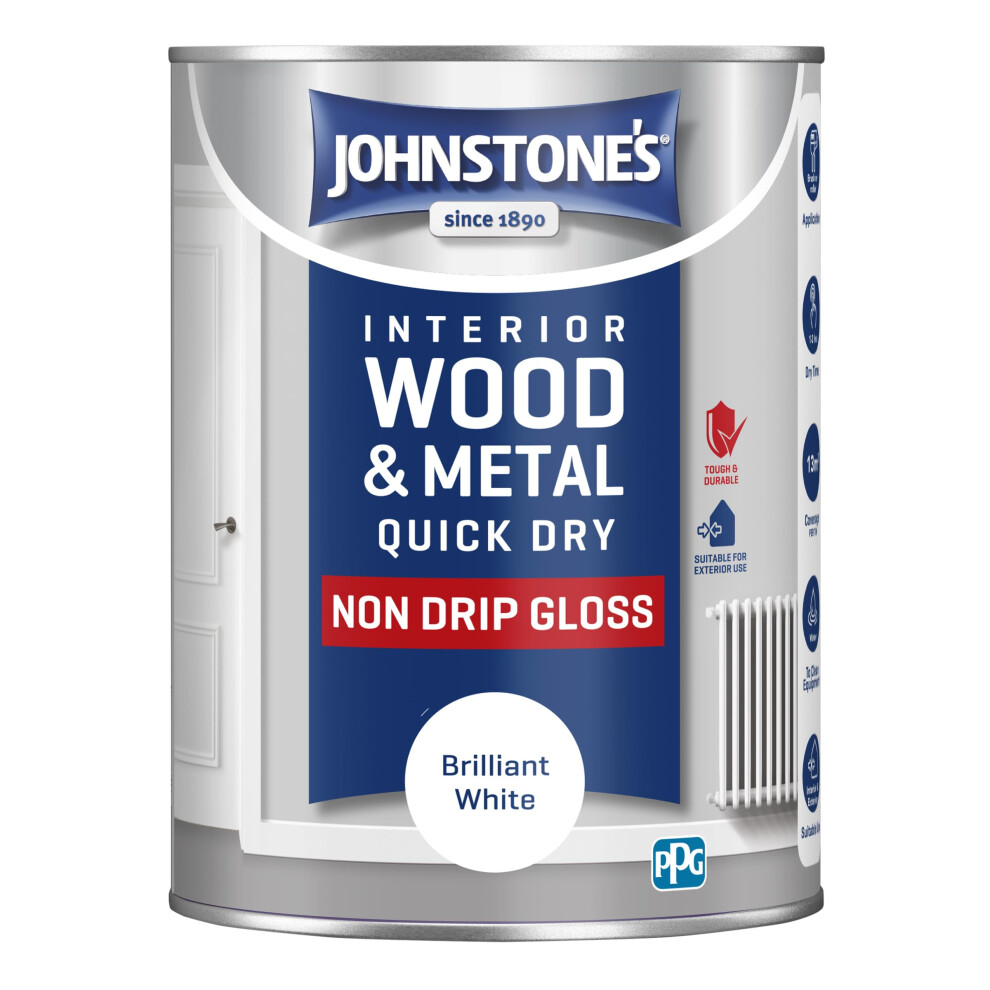 Johnstone's Johnstone’s - Quick Dry & Non Drip Gloss Paint For Wood & Metal - Brilliant | Interior & Exterior | Low Odour, Water-Based Formula, Dry In 1-2 White