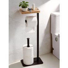 ZUNTO Freestanding Toilet Roll Holder with Shelf, Height 62.2cm, Black Toilet Paper Stand with Wood Storage Shelf, Anti-Slip, Holds 3 Extra Rolls for