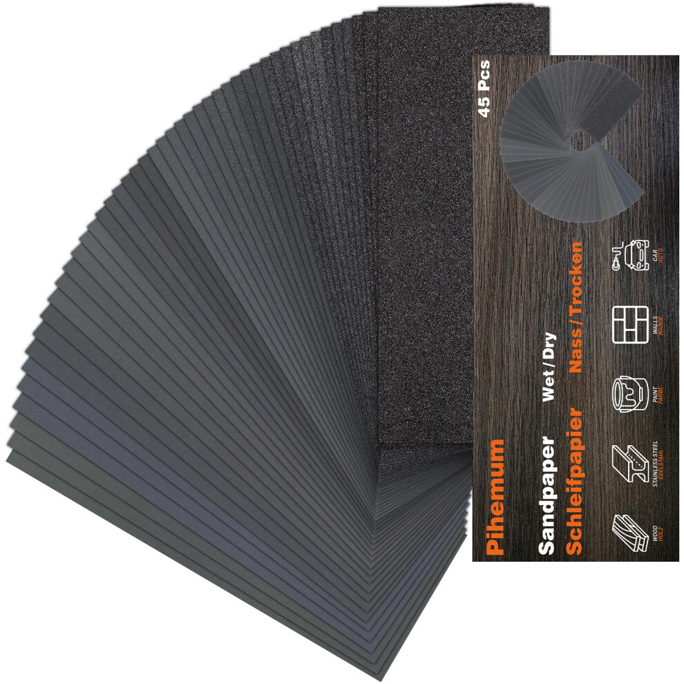Photos - Other Hand Tools 45 Pcs Sandpaper 80-5000 Grit Wet and Dry Sandpaper Sheets, 9 x 3.6 Inch Sand Paper Pack for Wood Furniture, Walls, Metal, A