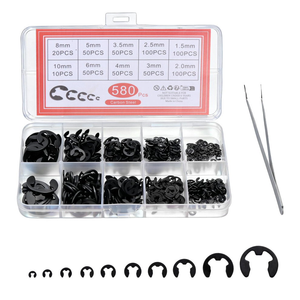580 Pcs Circlips Assorted Sizes (M1.5-M10) E-Clips, C-Clips, Snap Rings, Retaining Rings Kit Alloy Steel External/Internal Circlip Set, Spring Retain 5003527823355
