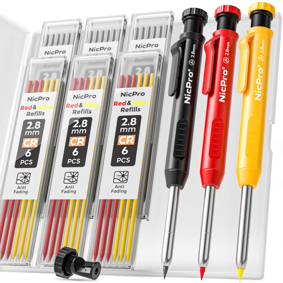 Nicpro 3 Pack Carpenter Pencil With Sharpener, Mechanical Carpenter Pencils With 39 Refills, Deep Hole Marker Construction Carpentry Pencils, Archite 5005545467399