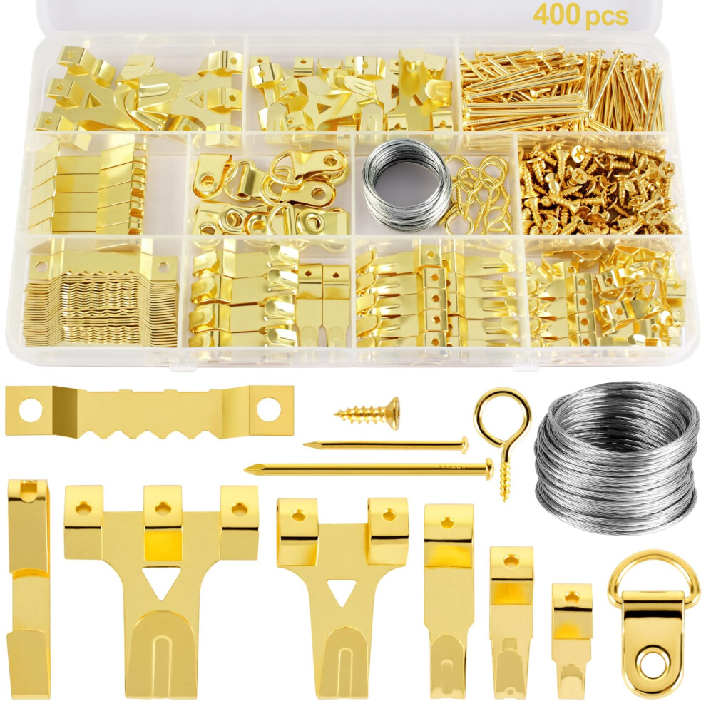 400 Pcs Picture Hanging Kit - Assorted Hooks For Frames And Photos, Perfect For Hard Walls - Includes Saw Tooth Hangers, D-Rings, Nails, And Wire For 5008615043165