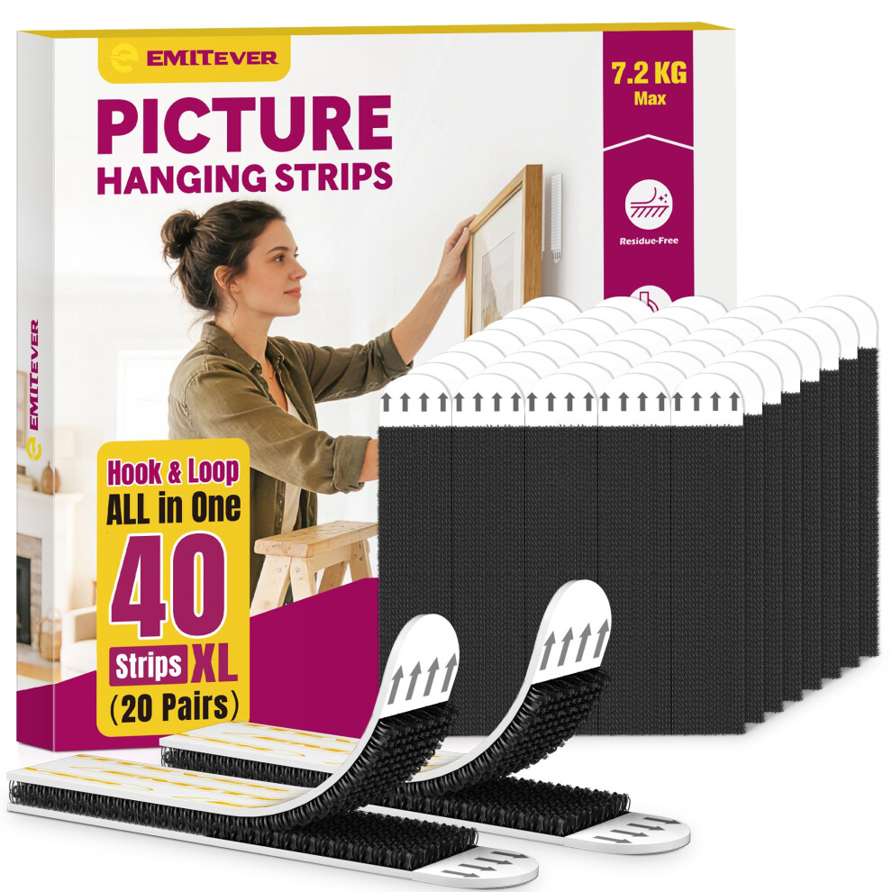 Emitever Picture Hanging Strips Heavy Duty, Xl-20 Pairs(40 Strips), Holds Up To 7.2 Kg, No Damage Picture Adhesive Strips, Hook And Loop Mounting Tap 5009904222766