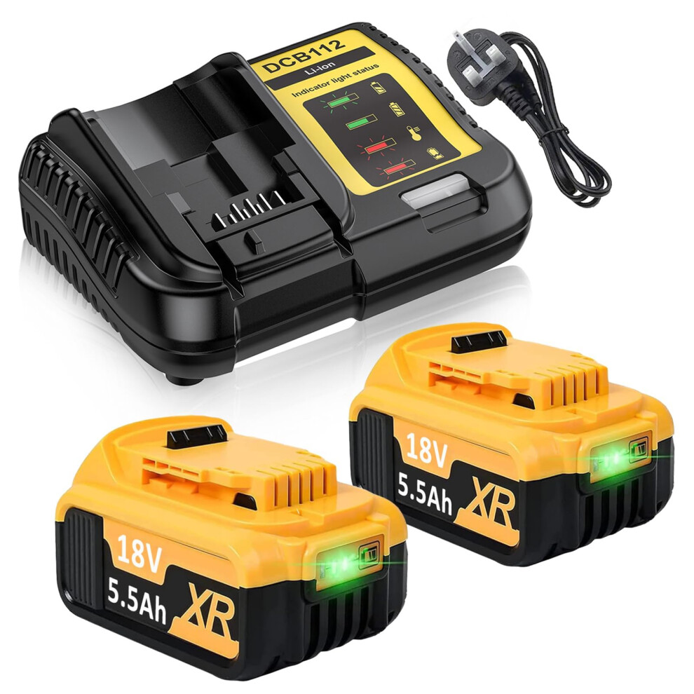 2X 18V 5.5Ah Dcb182 Li-Ion Replacement Battery For Dewalt 18V Battery Charger Set Compatible With Dcb180 Dcb181 Dcb182 Dcb184 Dcb185 Dcb201 Dcb204, F 5005058404317