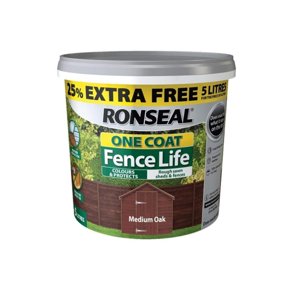 Ronseal Rslflmon4lav One Coat Fence Life Medium Oak New 4 Litre +25%