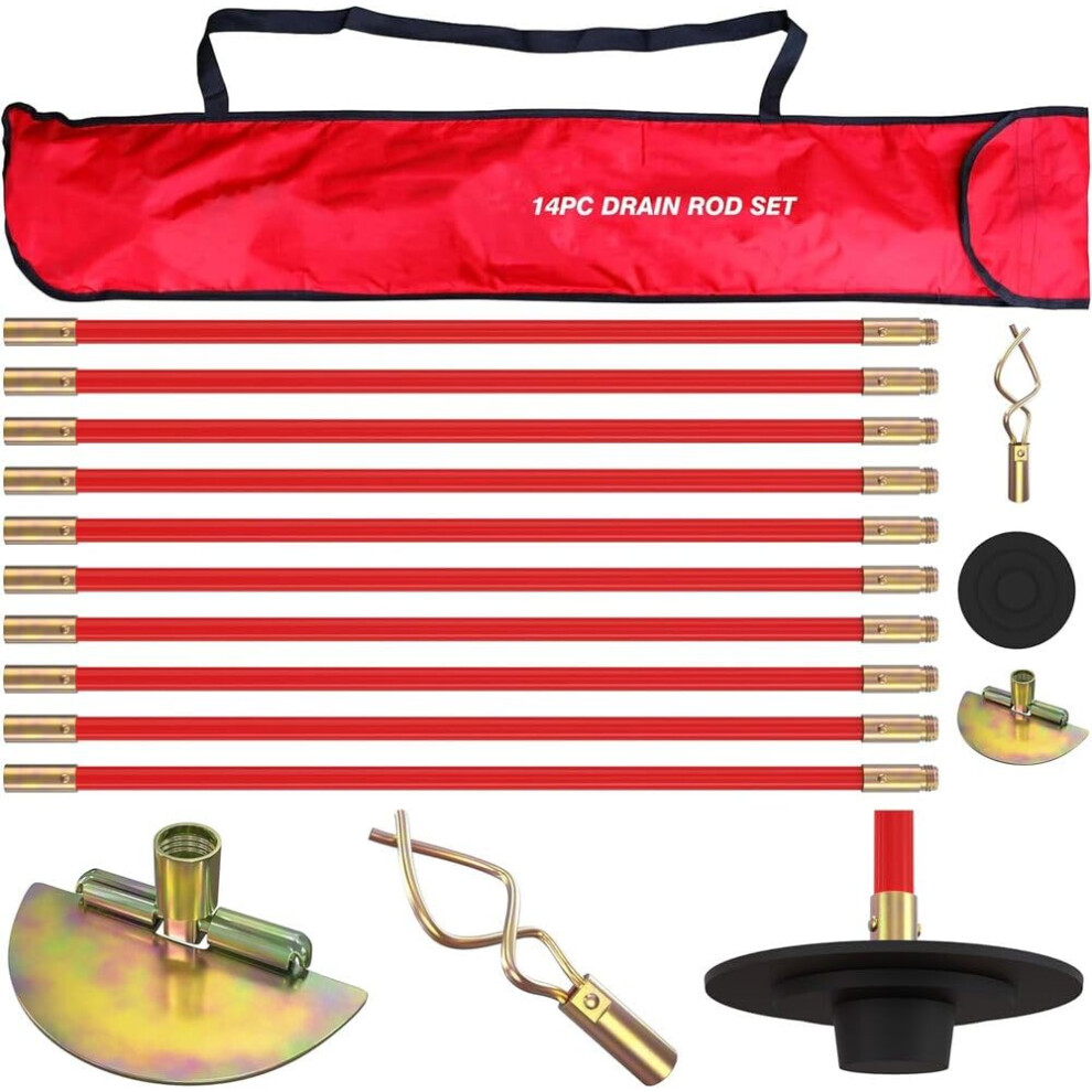 Pro 30Ft Drain Rod Set Kit In Carry Bag Professional Heavy Duty Unlock Plunger Worm Scraper Cleaning Rods Rodding 14 Pc 9M Length 5002299168923