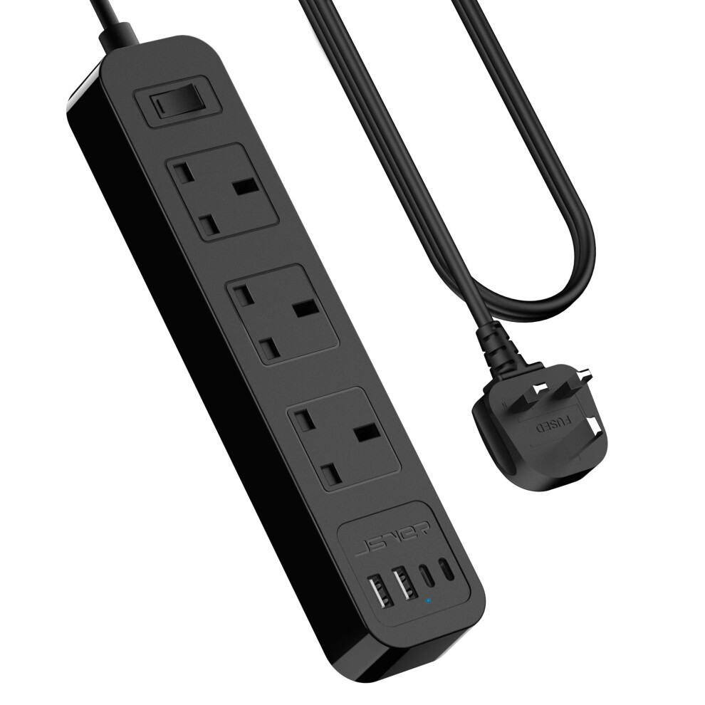 Jsver Extension Lead With Usb C Slots, Power Strip With 3 Way Outlets And 2 Usb C Fast Charger(5V 3.4A), Extension Lead With Switch, 2M Extension Cab 5001159803752