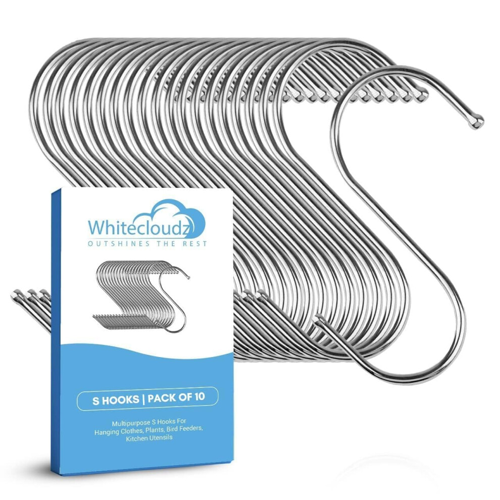 Whitecloudz 10Pack Silver Heavy Duty S Hooks For Hanging, Durable Wall Hangings Hooks, Stainless Steel Hooks For Hanging Clothes, Kitchen Hooks For U 5002357888787