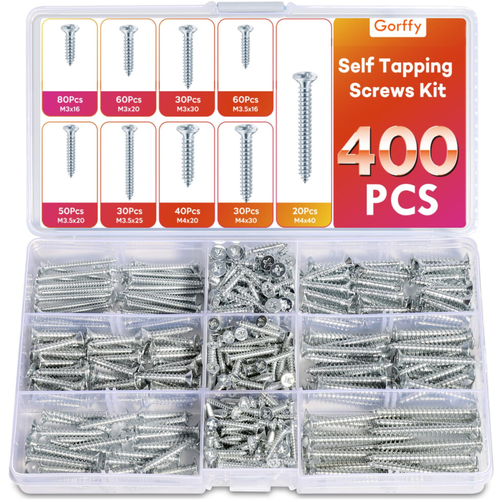 Gorffy Wood Screws, 400Pcs Wood Screws Assortment, M3,M3.5,M4 Screws For Wood, Countersunk Self Tapping Screws, Zinc Coated Assorted Woods Screw For 5009349613907