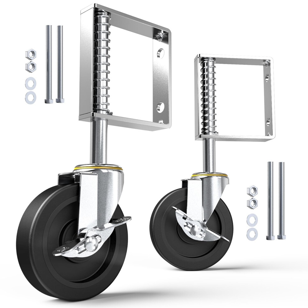 Holkie 2 Pack 100Mm Heavy Duty Spring Loaded Gate Wheels - Swivel Castor Wheels For Wooden Gate And Fence - 50 Kg Capacity Per Castor 5006293765898