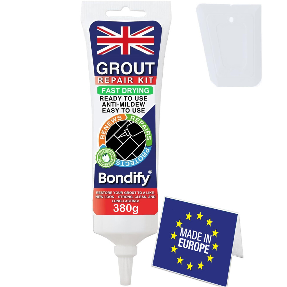 Bondify Waterproof White Grout Repair Kit Ready Mixed, 380G Fast Drying, Extra Volume Anti Mould White Tile Grout Reviver For Patio, Shower, Bathroom 5005253950299