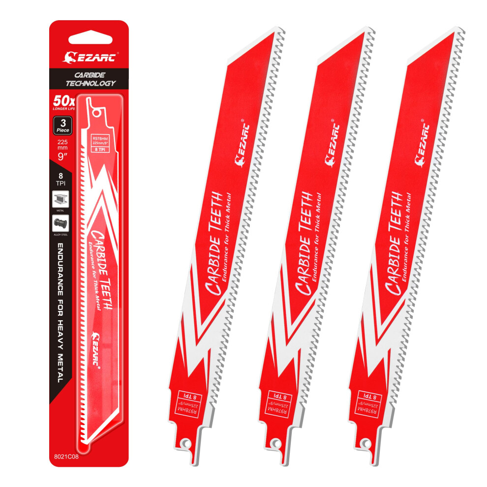 Ezarc Carbide Reciprocating Saw Blade R978hm Endurance For Thick Metal, Cast Iron, Alloy Steel 225Mm 8Tpi, 3-Pack 5004644363731