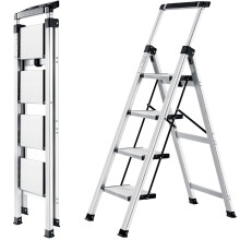 XinSunho Step Ladder 4 Step, Aluminum Folding Step Stool with Retractable Handgrip & Removable Tool Tray, Lightweight Stepladders for High Closet, 33