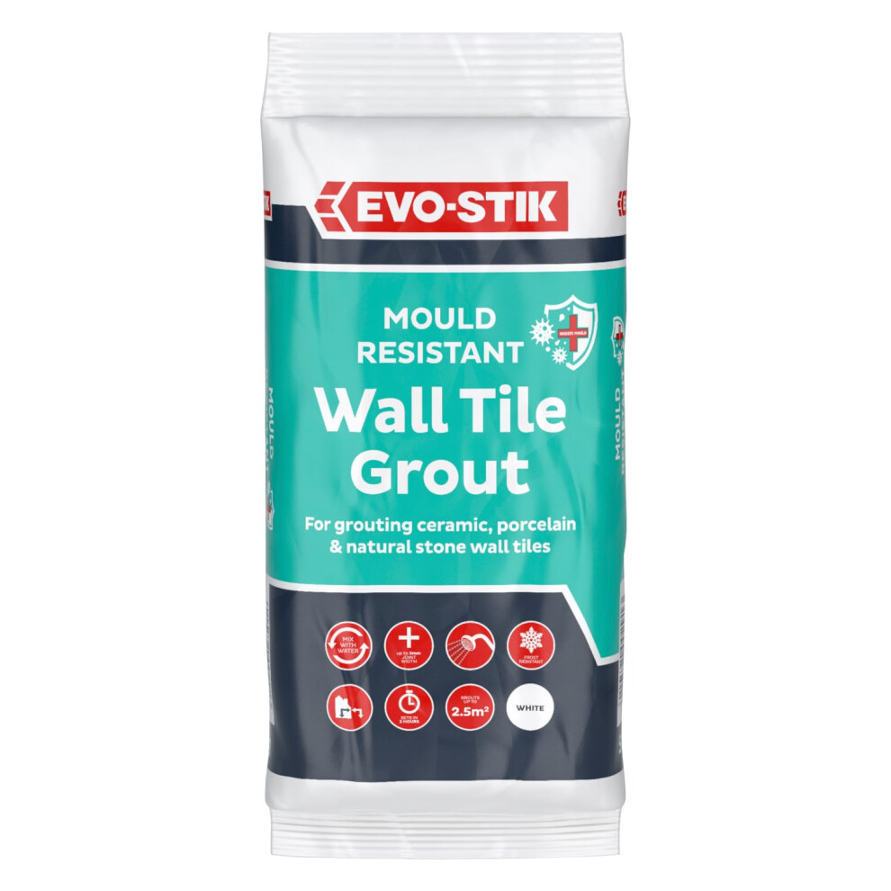 Evo Stik Wall Tile Grout Mould Resistant White - 500G - Fast Setting - Suitable For Kitchens And Bathrooms - Ceramic - Stone & Porcelain 5008951176251