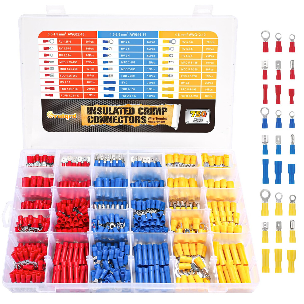 750Pcs Electrical Connectors Insulated Crimp Terminal Wiring Crimping Ring Spade Electric Wire Cable Connector Male Female Terminals Butt Splice 12V 5006402632127
