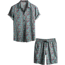Ensemble Hawaïen Homme Chemise et Short Vert Motif Tropical Floral Tenue d'Été Légère et Respirante Style Plage