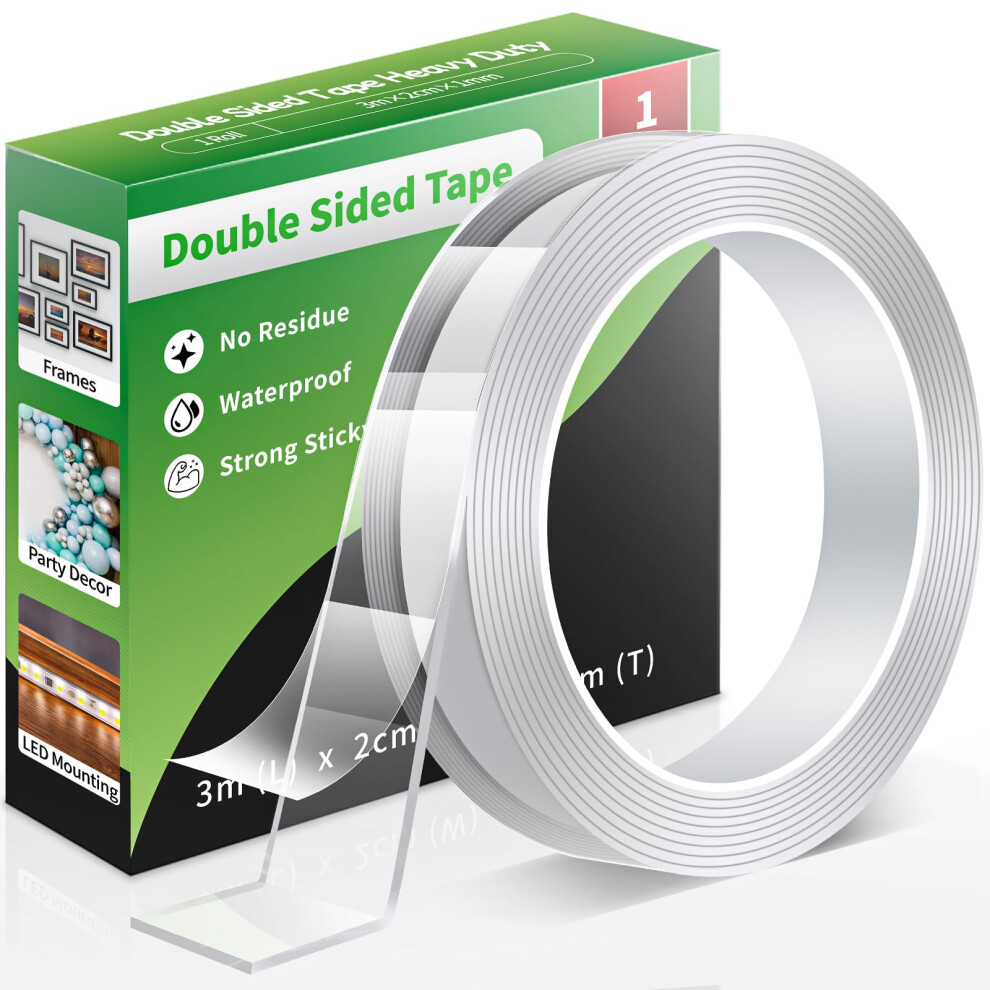 Euqvunn Double Sided Tape Heavy Duty, Removable Strong Sticky Nano Adhesive Strips, Clear Mounting Tape For Poster/Wall Hanging/Carpet 1 Roll (3.0 Me 5004040644588