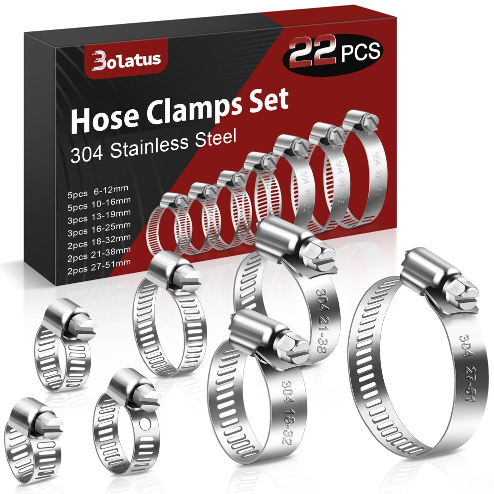 Bolatus Hose Clips Set 6-51 Mm, 22 Pcs Hose Clamp Stainless Steel 304 Adjustable Screw Clamps, 7 Sizes Pipe Clamps Assortment For Pool, House Gas Pip 5006342263061