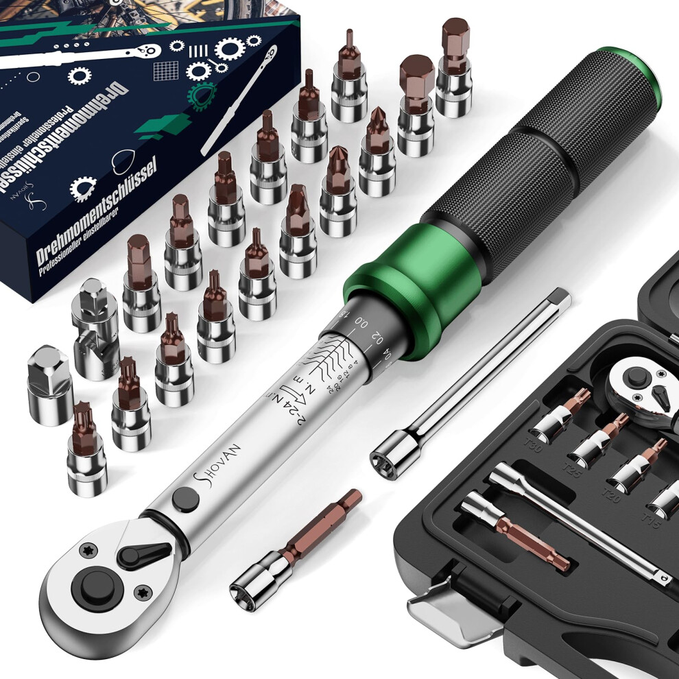 21Pcs Bike Torque Wrench Set 2-24 Nm, 1/4" Drive, 3% Accuracy, 72 Teeth Dual-Direction Adjustable, With Extension Bar, Socket Bits (Hex & Torx & Phi 5009262003519
