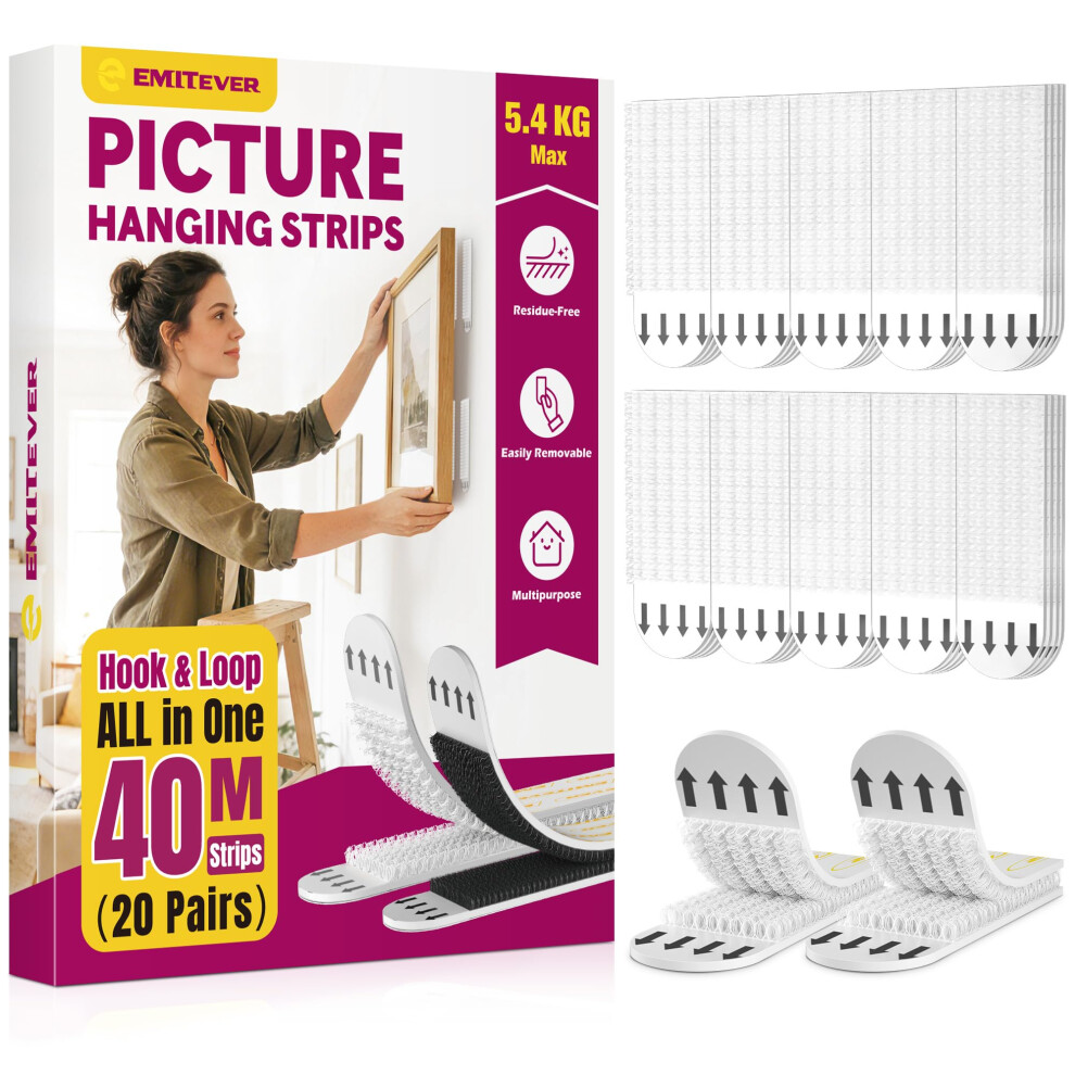 Emitever Picture Hanging Strips 20 Pair (40 Strips, M) Holds Up To 5.4 Kg, No Nails Wall Hanging Strips For Frames, Photos, Mirrors, Wall Decor 5001457557975