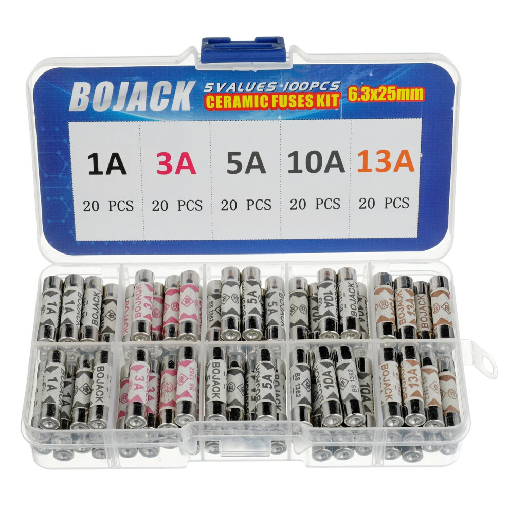 Bojack 5 Values 100 Pcs 1 3 5 10 13 A Amp 240 V Volt Household Mains Plug Fuse 6.3X25 Mm 0.25X1inch Bs1362 Ceramic Tube Cartridge Fuses Assortment Ki 5006311429399