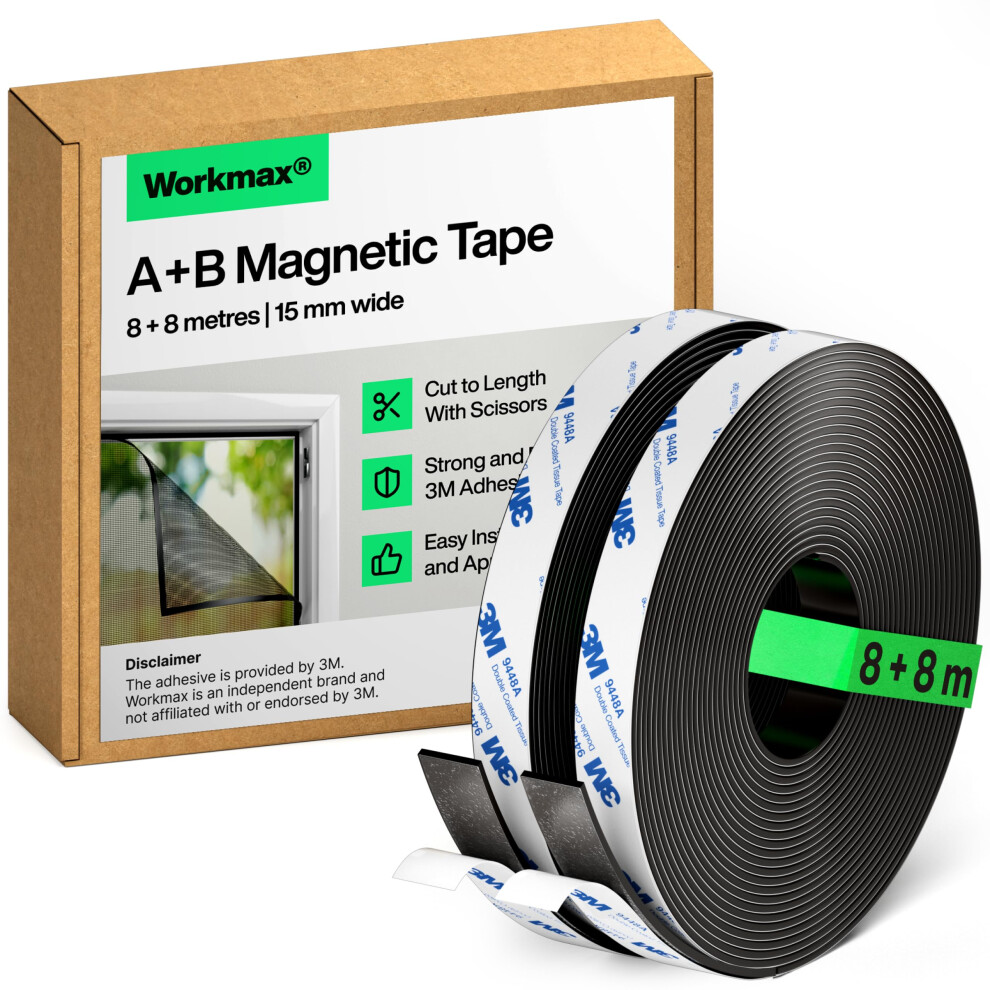 Workmax A+B Magnetic Tape For Fly Screens And Mosquito Nets (8+8 M) | Cut To Fit Magnetic Strip | Magnetic Strips Self-Adhesive | Magnetic Tape Roll 5006049218012