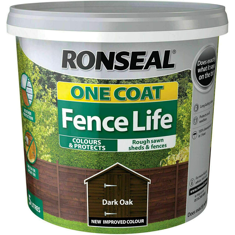 Ronseal 5L One Coat Life - Quick Dry Garden Shed & Fence Paints 5 Litres (Dark Oak)