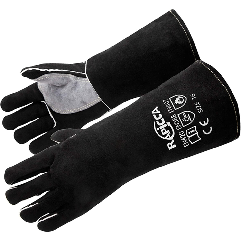 Rapicca Welding Gloves Fire Heat Resistant: Black 14In - Fireproof Leather For Stick Mig Flux-Core Welder Forge Blacksmith Fireplace Wood Stove Fire 5004389228807